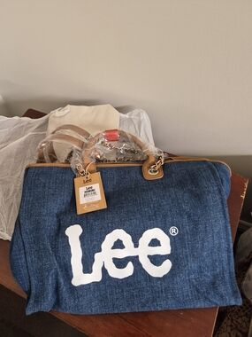 Lee Denim Tote Bag with White Logo and Tan Trim